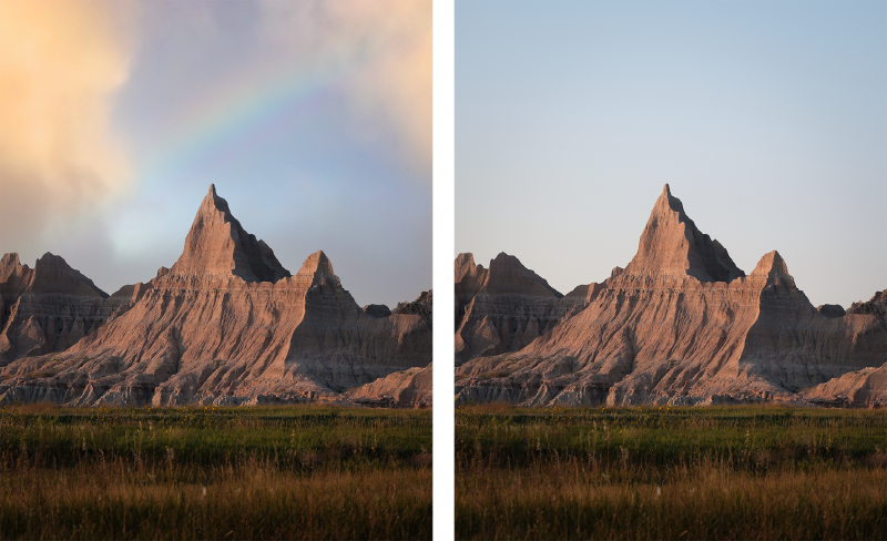 AI-generated sky over evening landscape in the Badlands on the left, compared to the original image with a plain sky on the right