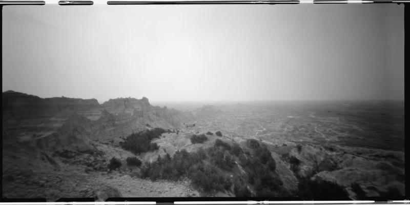 Raw scan of a black and white pinhole image from Badlands National Park