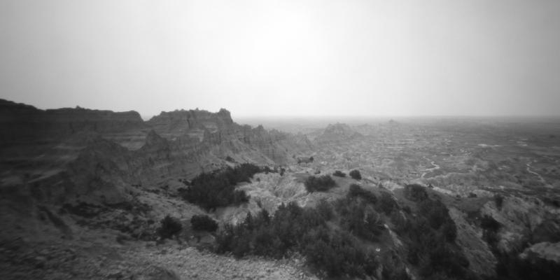 Final cleaned, cropped version of a black and white pinhole image from Badlands National Park